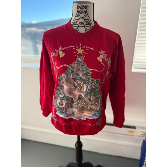 VTG 80s Red Holiday Christmas Woodland Deer, Birds, Rabbits, Raccoon, Squirrels - Picture 1 of 5